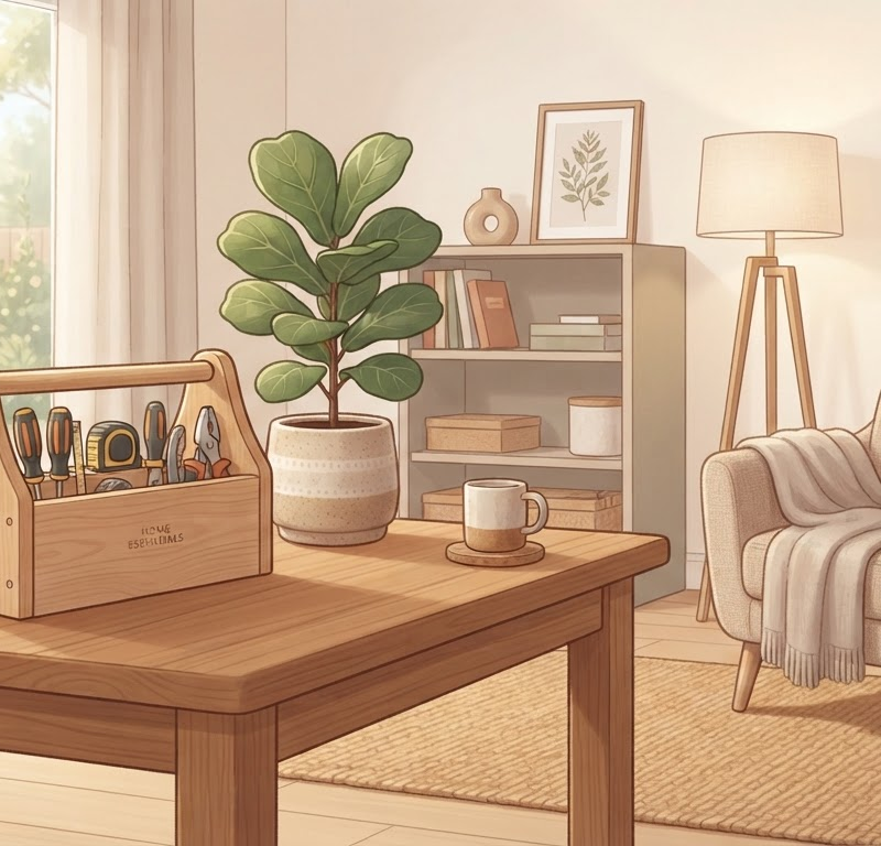 A warm and inviting modern home living room with a toolbox sitting neatly on a wooden table, representing home competence and calm