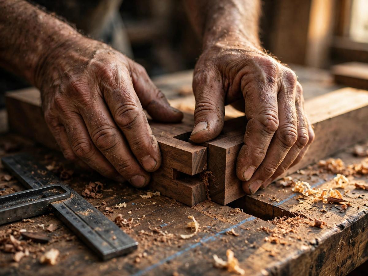 Close-up of a carpenter's hands fitting a hardwood joint on a workbench