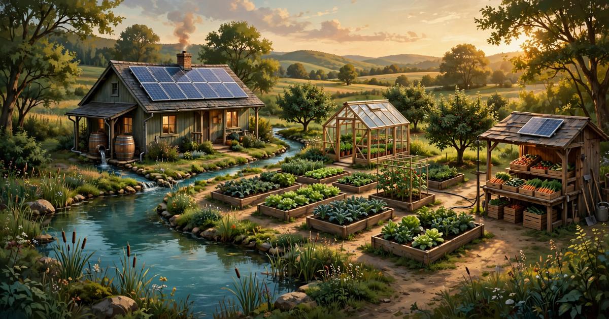 Conceptual homestead scene with a solar-powered home, flowing water, productive gardens, a greenhouse, orchard, and produce stand.
