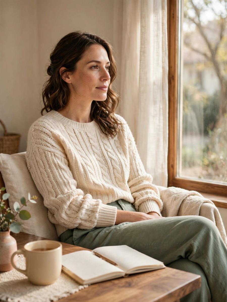 A woman sitting beside a sunny window with a warm drink and open journal, taking a quiet reflective moment