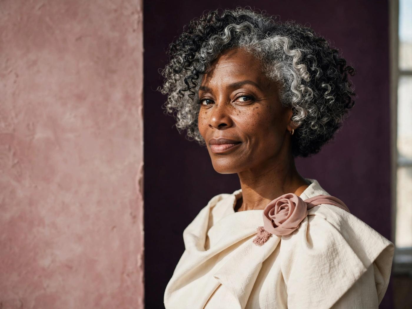 A woman in her fifties with a silver-and-coal natural coily bob, photographed in a warm rose and plum studio
