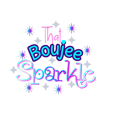 That Boujee Sparkle logo with pink, cyan, and violet lettering and surrounding stars