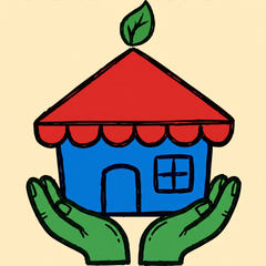 Green hands holding a small blue shop with a red awning and leaf
