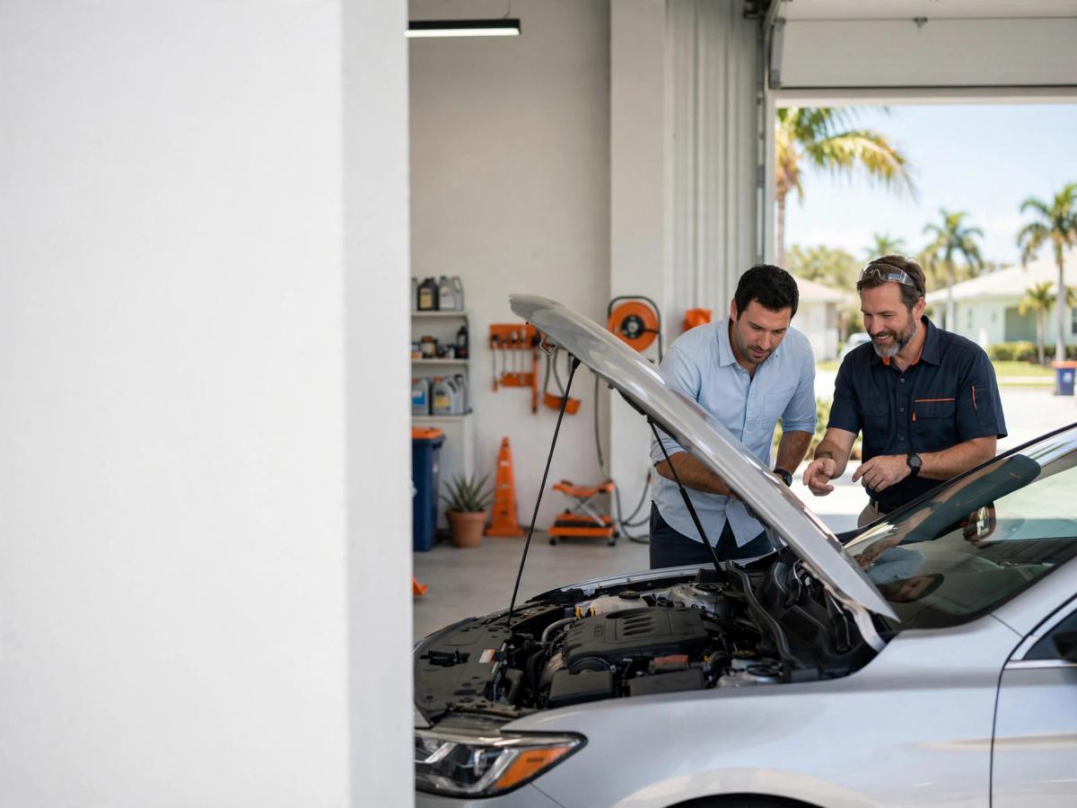Rideshare driver and automotive technician inspecting a vehicle with its hood open in a bright South Florida service bay