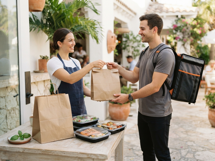 Driver receiving a sealed meal order for direct delivery