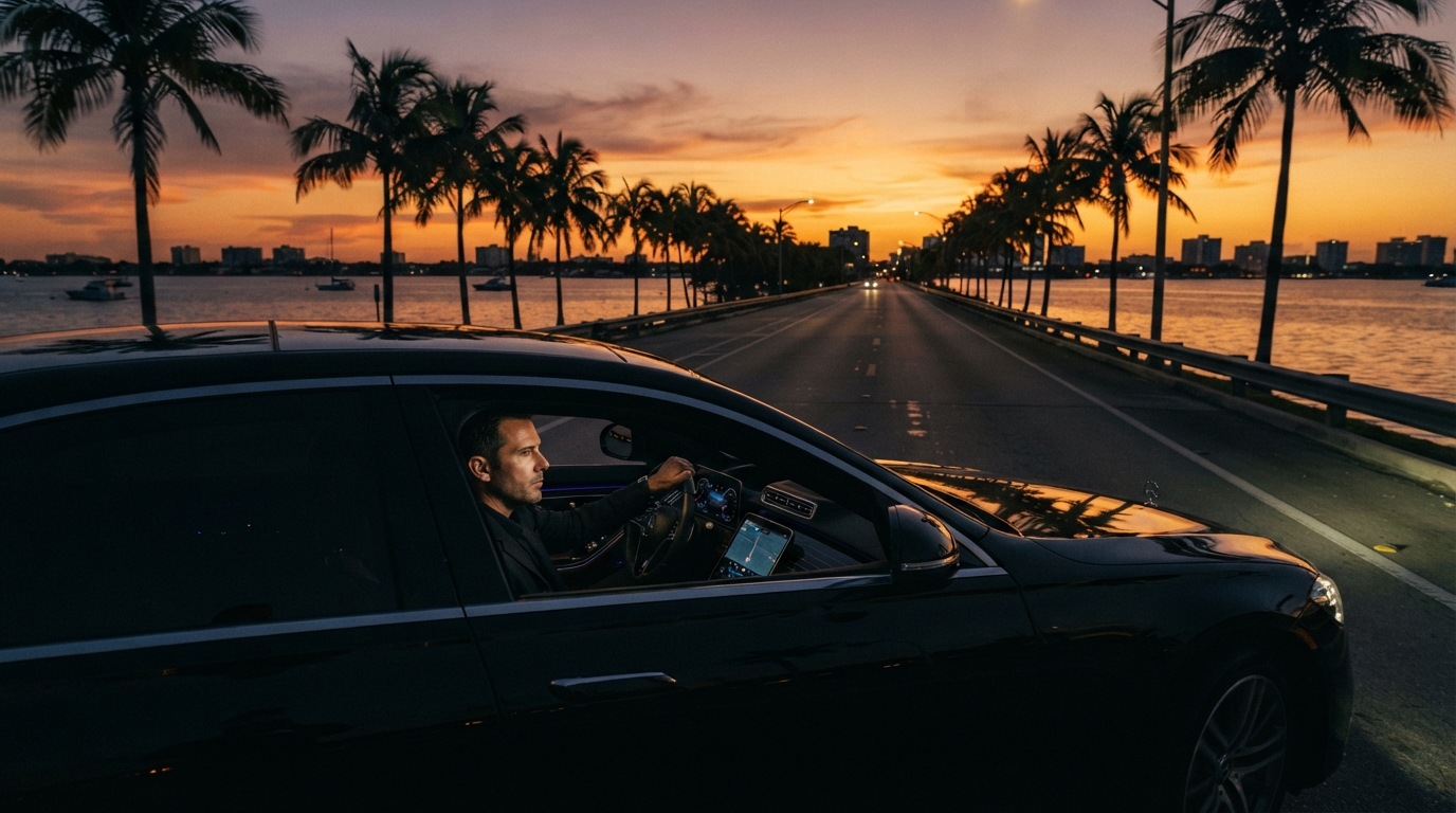 West Palm Beach sunset causeway — driver golden hour