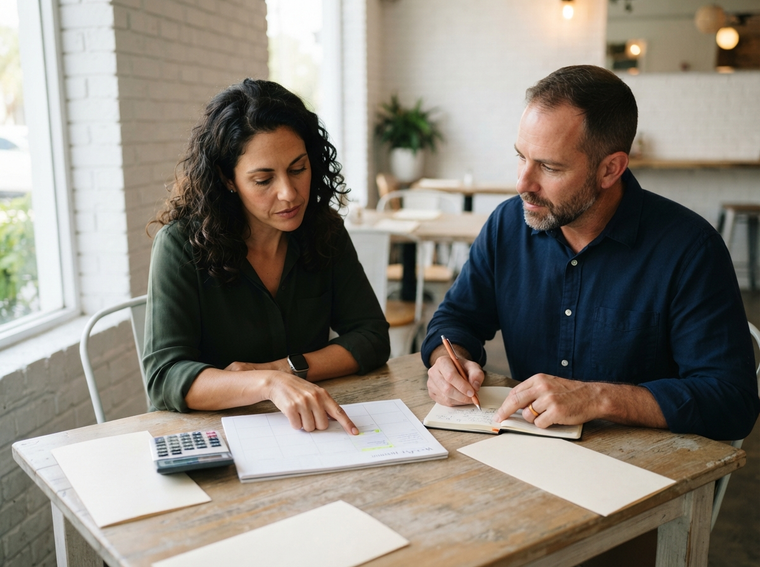 Two local restaurant owners reviewing a slower-period offer plan at a table
