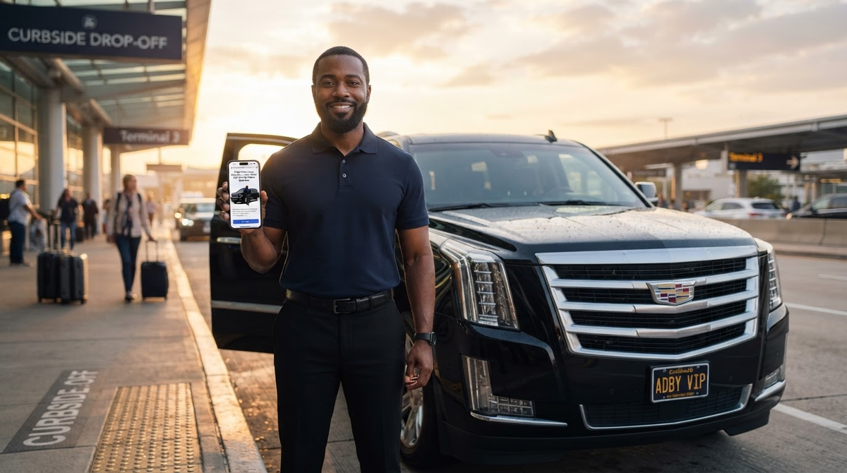 Independent professional driver standing by premium black SUV at sunrise building direct booking business