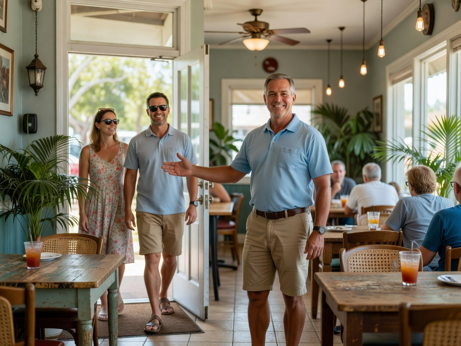 Local business owner welcoming customers at a storefront
