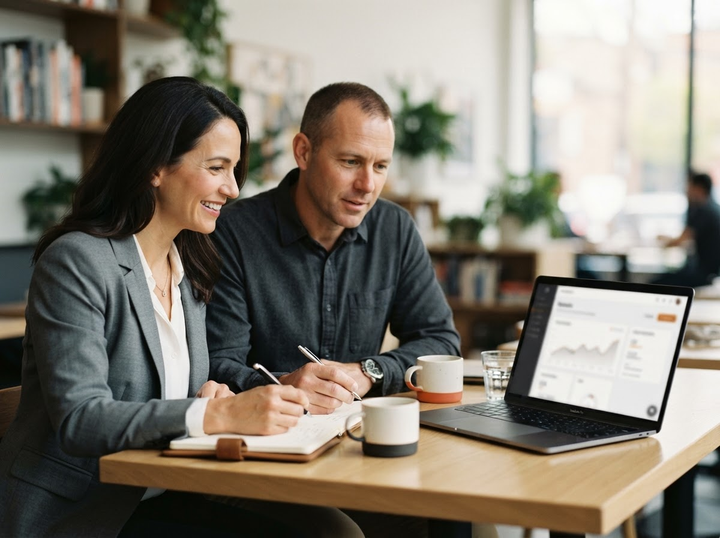 Business owner and reviewer discussing a softly blurred private preview on a laptop