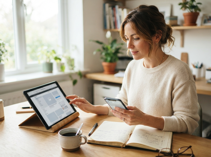 Small-business owner reviewing a phone and tablet with public website and menu layouts