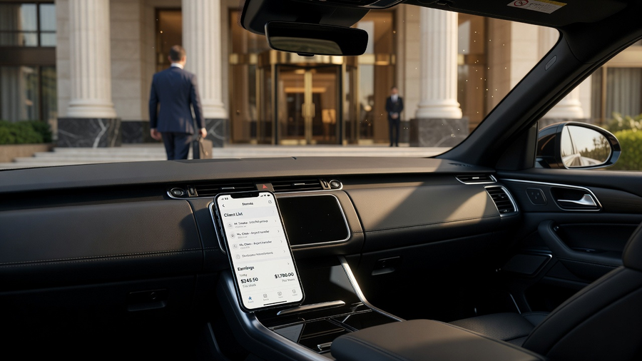 Driver checking direct bookings inside premium SUV cabin
