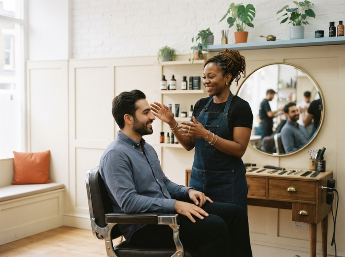 Barber greeting a client during a service consultation in a bright studio