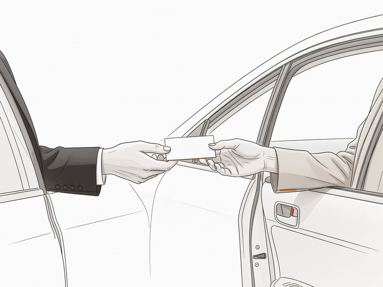 Driver handing a card to a rider through an open car door.