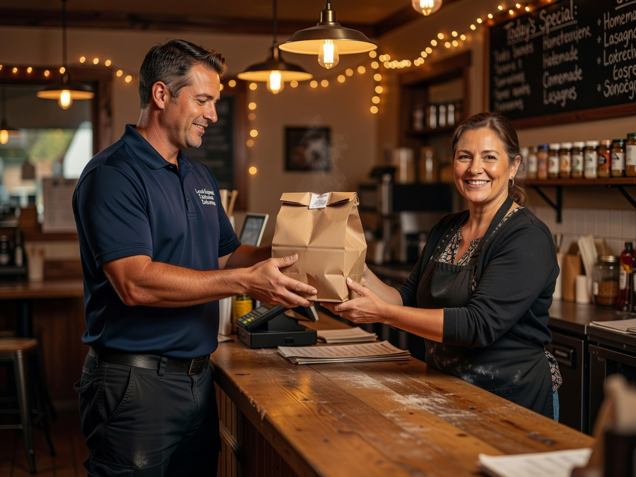 Professional delivery driver collecting sealed order from local restaurant owner