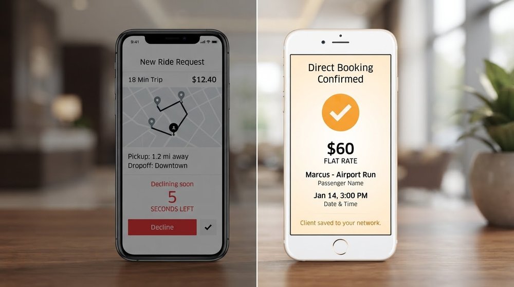 Earnings comparison: app pays $12.40 after fees vs direct $60 flat you keep 100% - income shift visual
