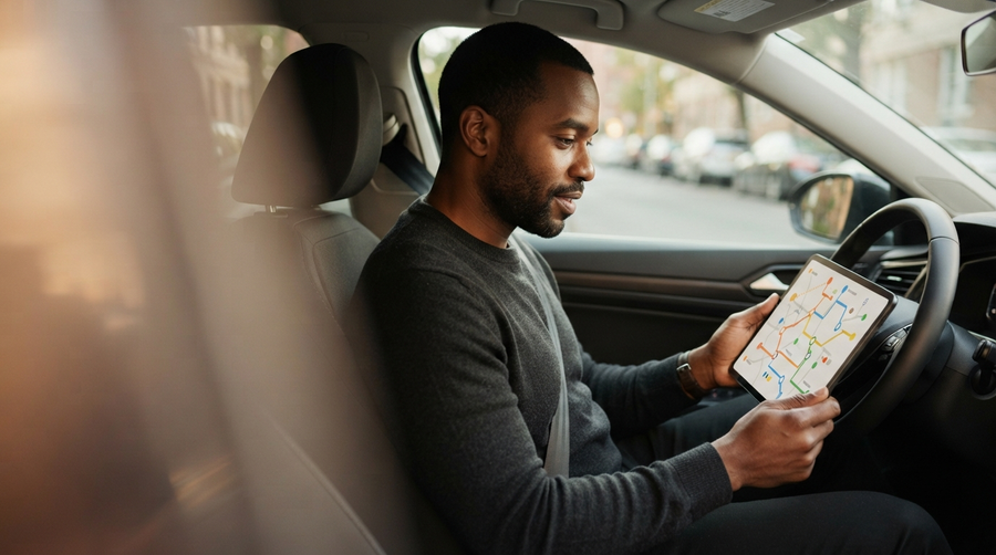A rideshare driver studies a practical multi-income roadmap on a tablet while parked safely.