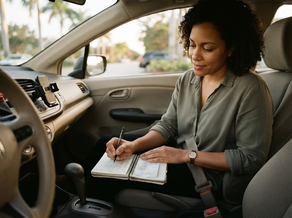 Rideshare driver reviewing a shift log and fuel notes