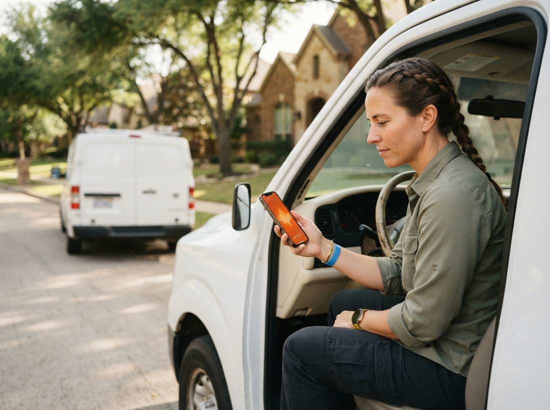 Independent professional reviewing a customer hub on a phone while safely parked