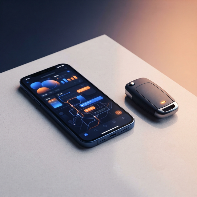 Dark smartphone with abstract time blocks and route lines beside a car key for shift tracking
