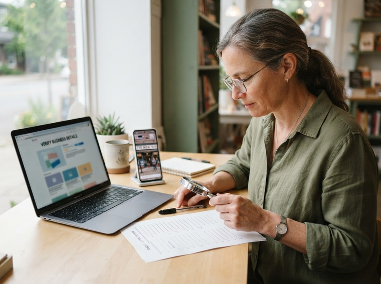 Business owner comparing public website and storefront information for a listing review