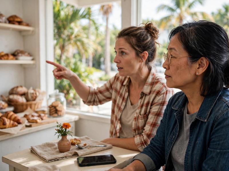 Illustrative scene of a community member and bakery owner talking beside a sunlit display.