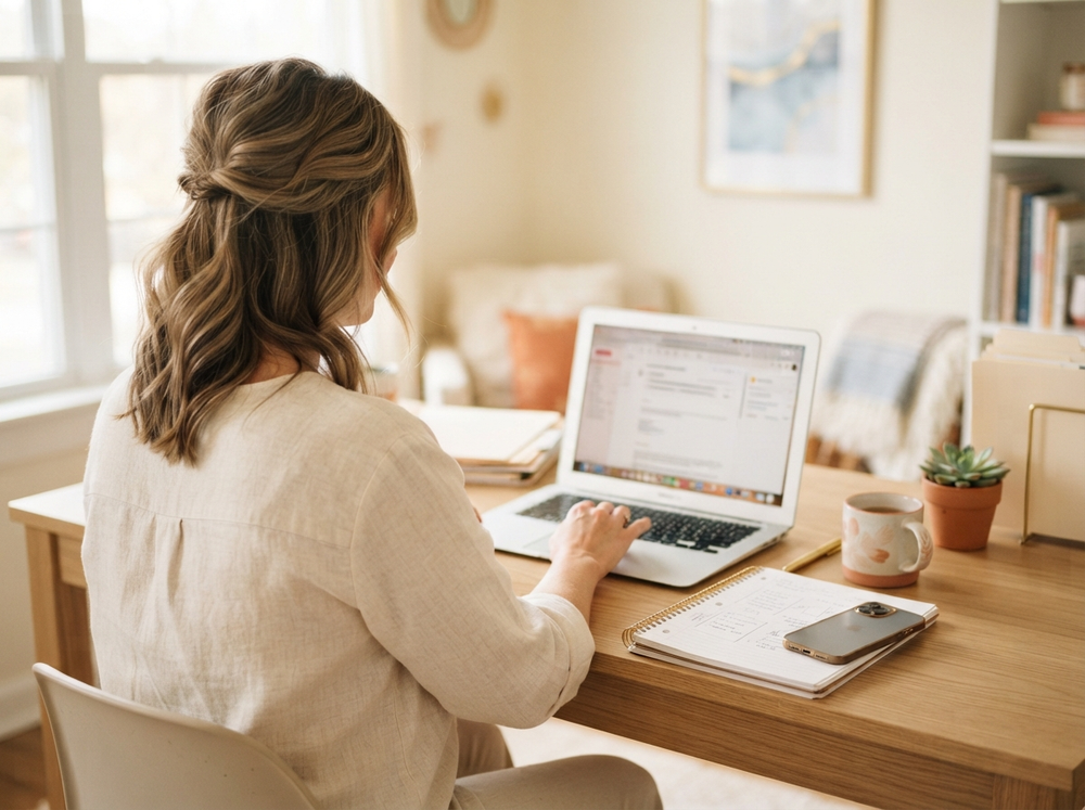 Local service-business owner reviewing appointments and customer inquiries at a bright desk