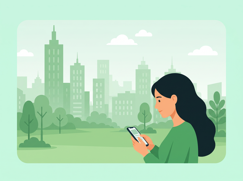 Illustration of a woman in a park looking at her phone with a green city skyline