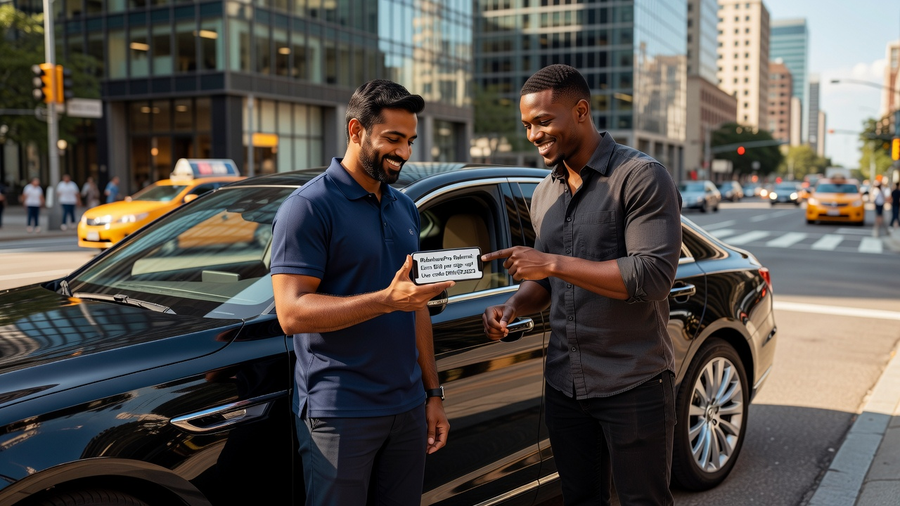 Professional drivers sharing a referral link beside a premium SUV