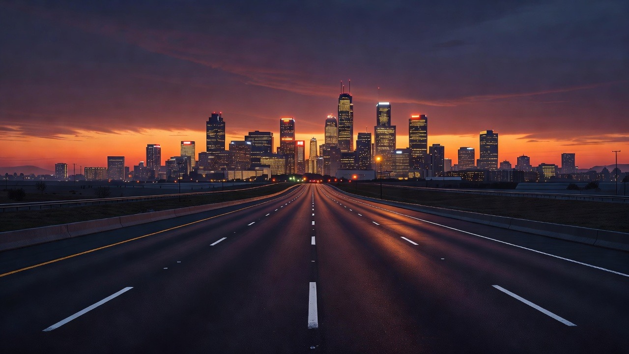 Road at dusk toward lit skyline