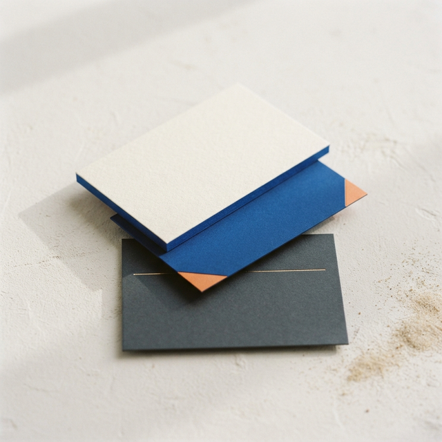 Three premium blank business cards layered in cream, cobalt, and charcoal
