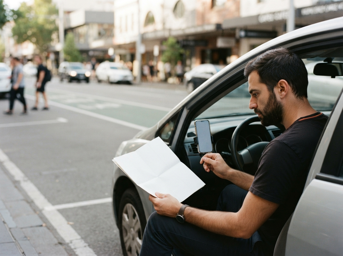 Rideshare driver reviewing a blank route map and mounted phone while checking a sunlit pickup lane