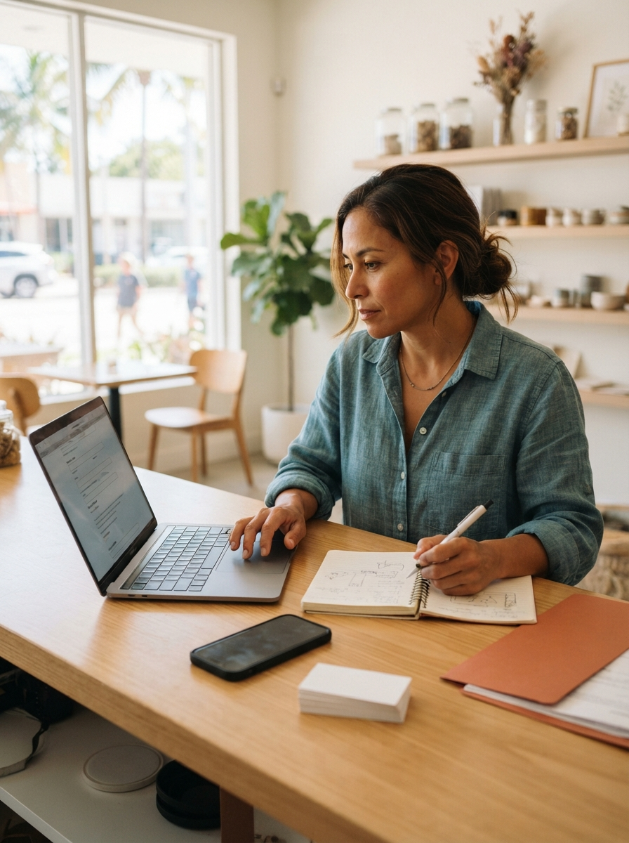Restaurant owner preparing business listing details on a laptop
