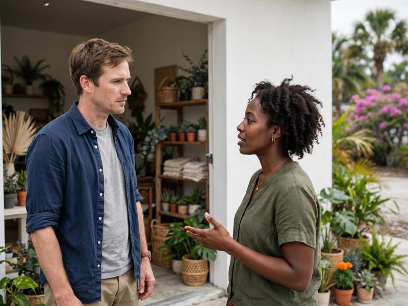 Illustrative scene of a driver and shop owner talking outside a greenery-filled neighborhood storefront.