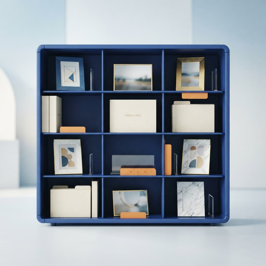 Cobalt archive shelf holding abstract photos, folders, media cards, and blue accent tabs for an asset library