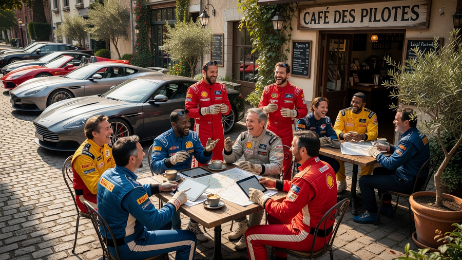Diverse professional drivers collaborating at outdoor cafe around vehicles