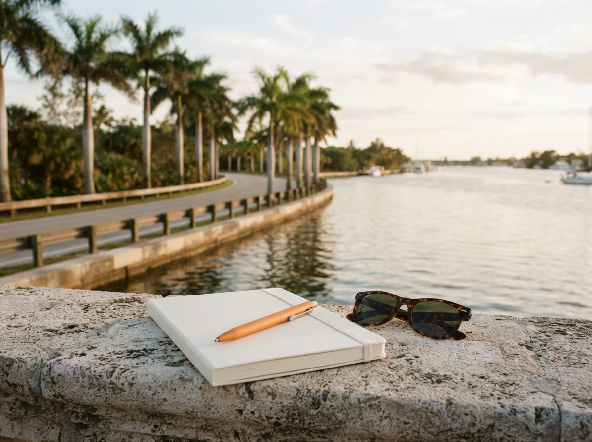 Calm route scene beside the honest no-target status for Palm Beach
