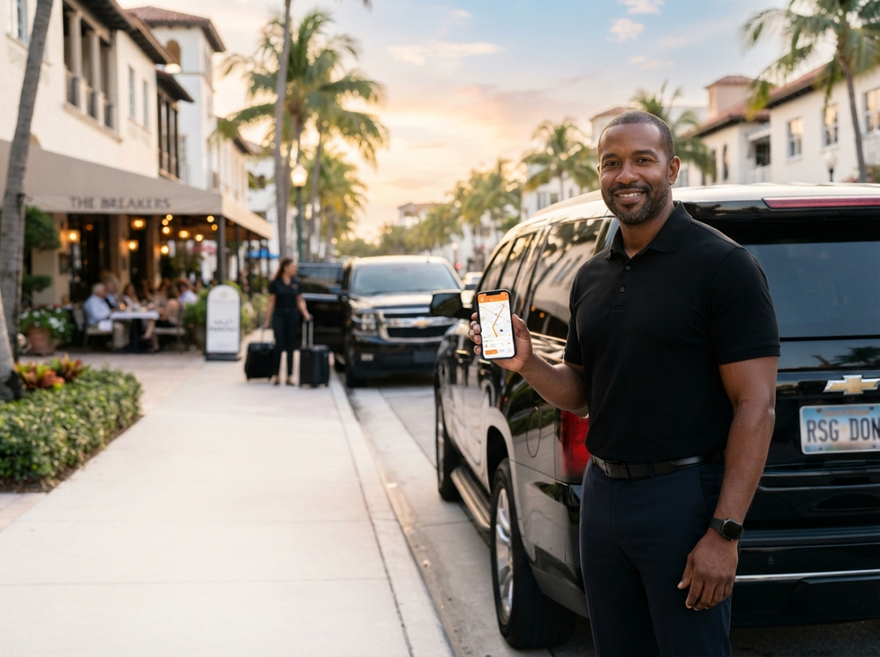 Independent driver in a black polo holding a phone beside an SUV on a local restaurant street