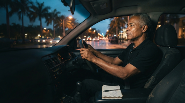 South Florida rideshare driver at the wheel, with the rider-price and driver-take-home gap suggested by city lights and an earnings notebook.
