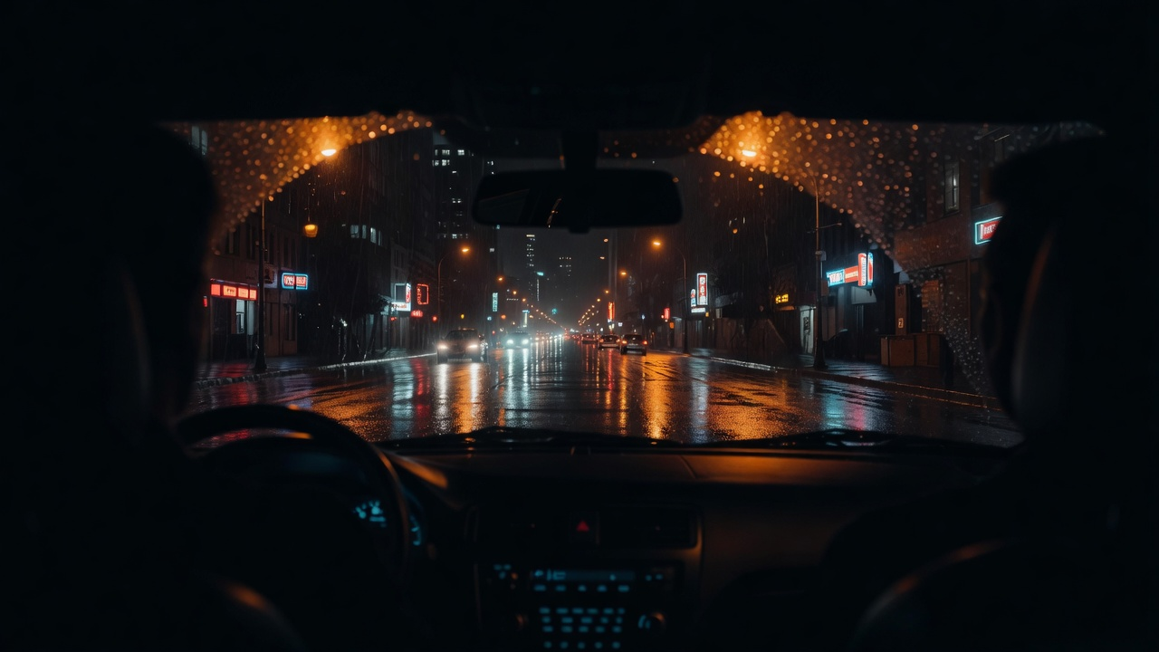 Night city street in Fort Lauderdale, wet asphalt orange streetlight driver view