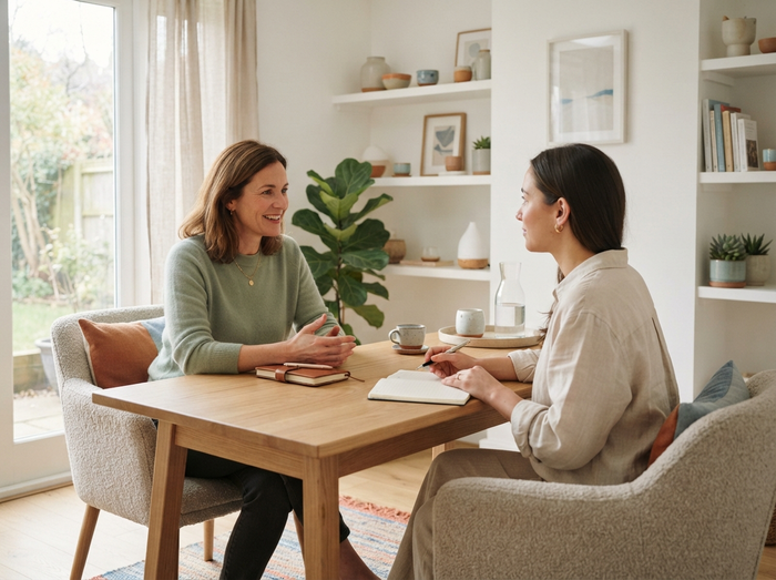 Wellness professional speaking with a client in a bright private studio