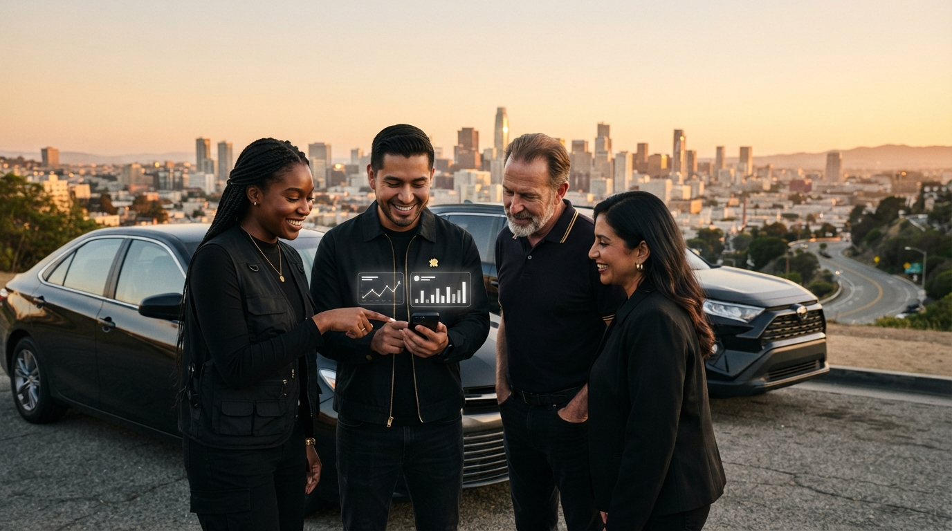 RSG drivers standing together by rideshare vehicles reviewing income streams on phone - income stream platform social media network