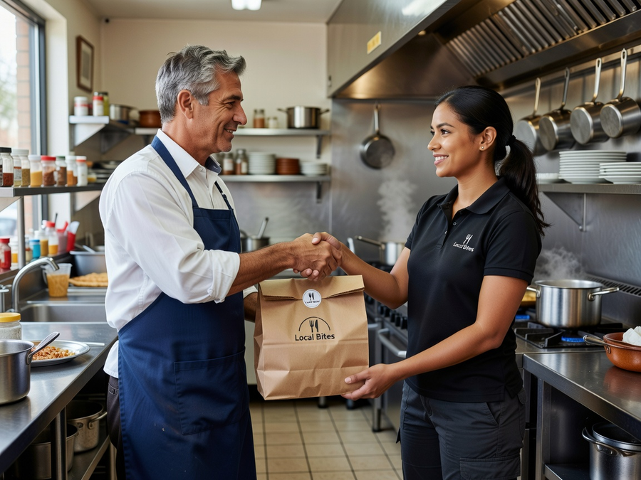 Restaurant owner handing sealed order to delivery driver in a trusted local handoff