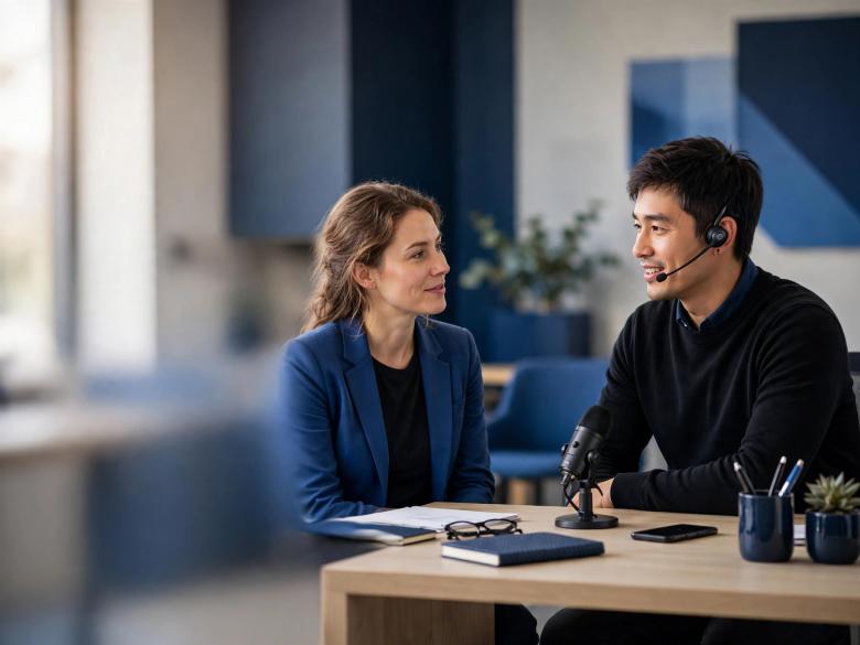 Small-business owner wearing a headset and speaking with a customer across a desk with a desktop microphone in a modern blue workspace