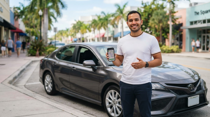 Independent rideshare driver in West Palm Beach checking BookTheDon on his phone beside a clean modern vehicle