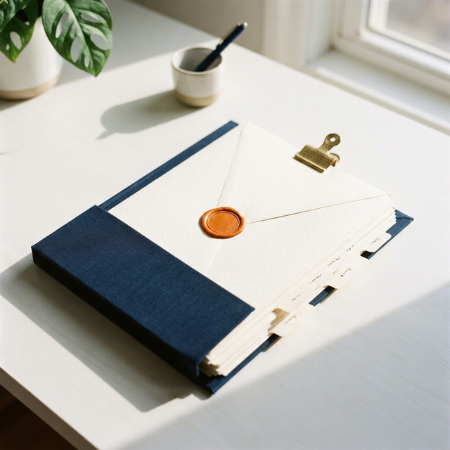 Navy folder, organized papers, steel clip, and a clean seal on a bright desk