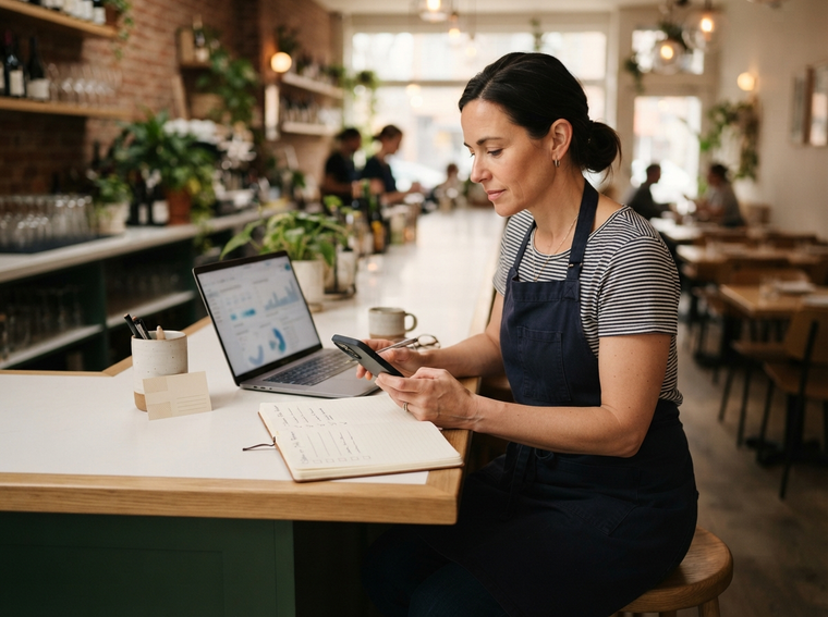 Local restaurant owner reviewing a customer path on a laptop and phone