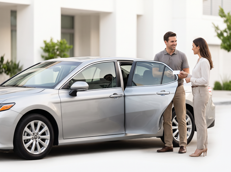 Professional driver and customer exchanging a blank business card beside an open sedan door after a separately arranged service.