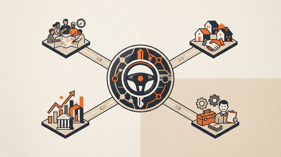 An editorial illustration of four connected paths branching from a driver-owned network.