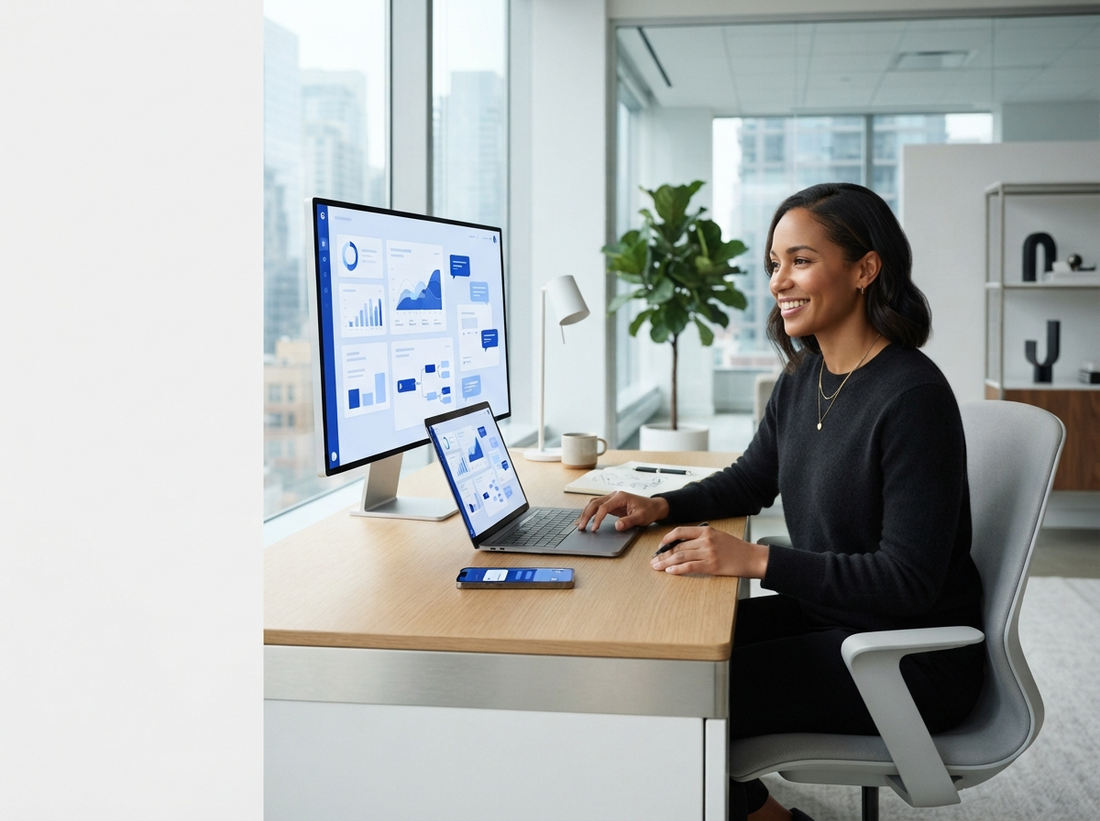 Solo entrepreneur reviewing an illustrative toolkit with four live tools and included updates on a laptop and phone in a bright workspace